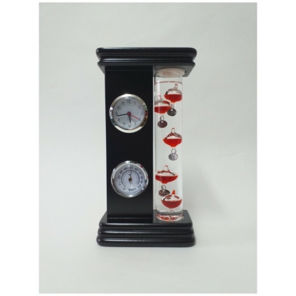 Ξύλινο Θερμόμετρο Galileo με ρολόι και υγρόμετρο με κόκκινες μπάλες