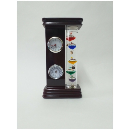 Ξύλινο Θερμόμετρο Galileo με ρολόι και υγρόμετρο με πολύχρωμες ενδείξεις